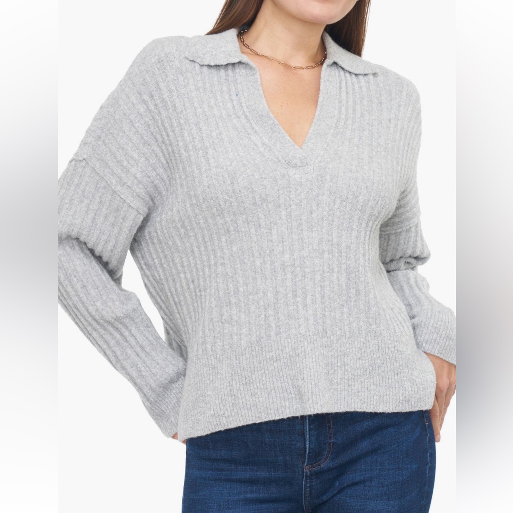 Pistola Zoe Relaxed Polo Cashmere Blend Heather Gray V-Neck Sweater